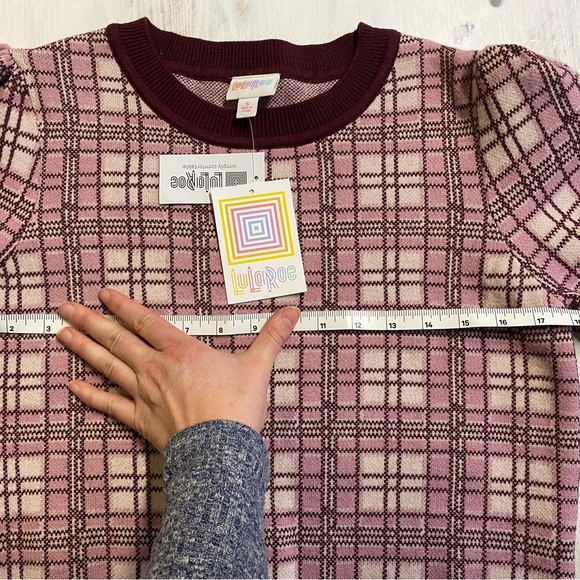 LULAROE Trendy Plaid Puff Sleeve Sweater, Pink Burgundy Checkered Knit Pullover - Picture 8 of 10